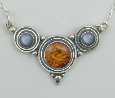 Sterling Silver Necklace Amber And Grey Moonstone